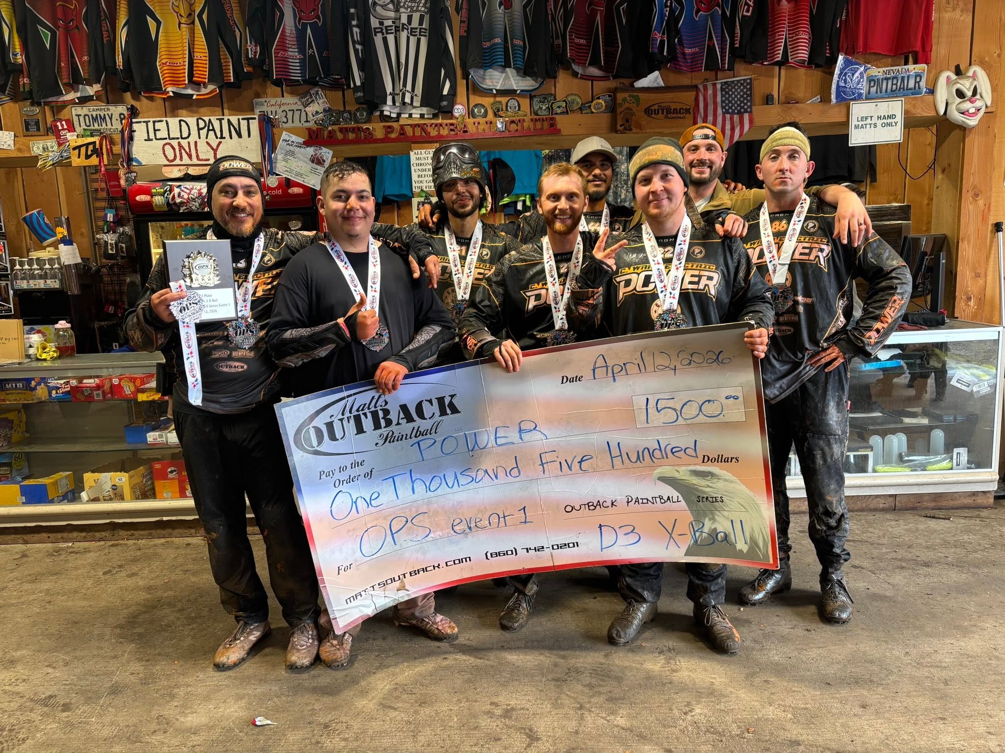 Team Power with medals and $1500 check after OPS Event 1 D3 X-Ball at Matts Outback