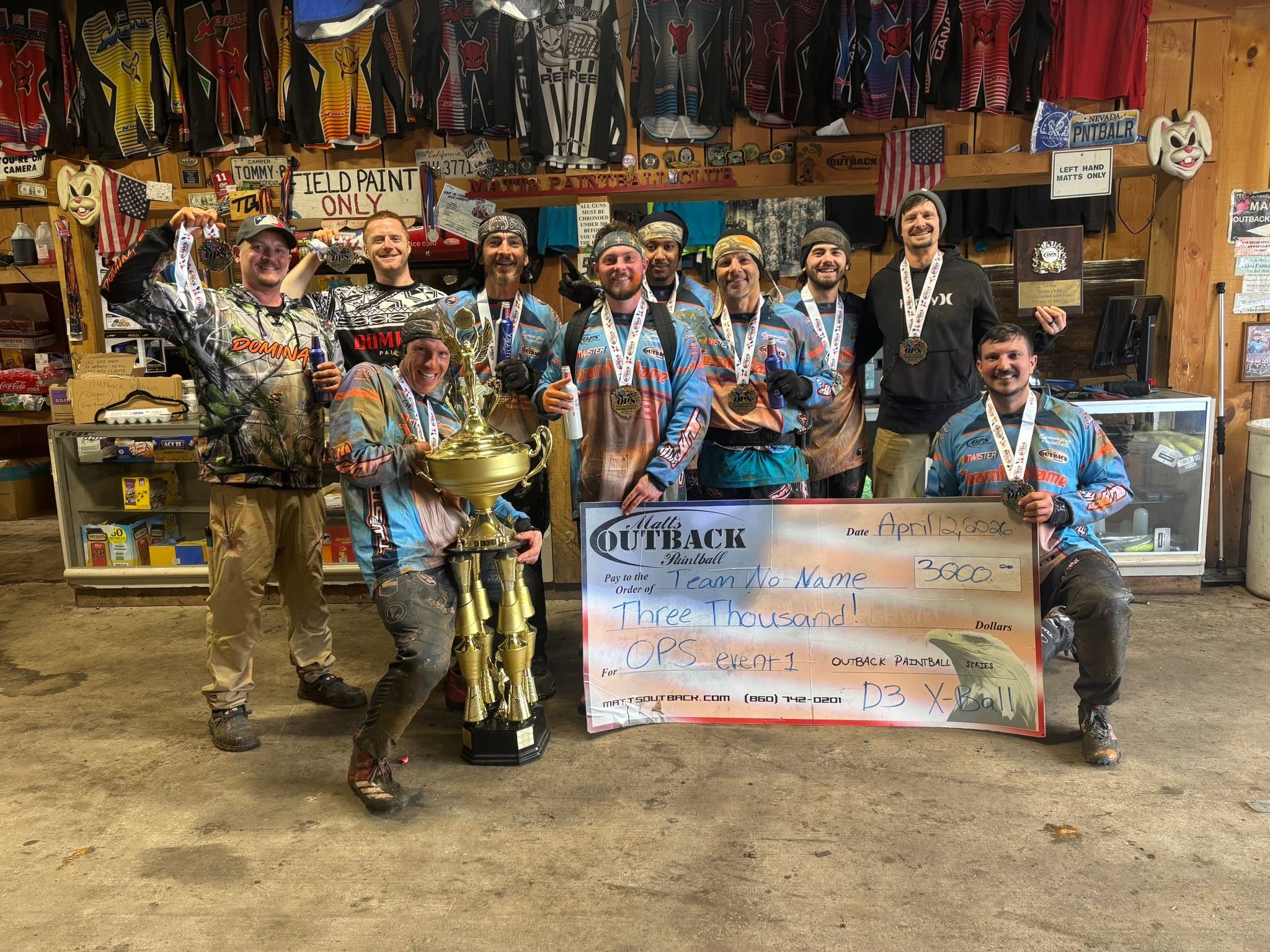Team No Name with $3000 check, trophy, and medals after OPS Event 1 D3 X-Ball