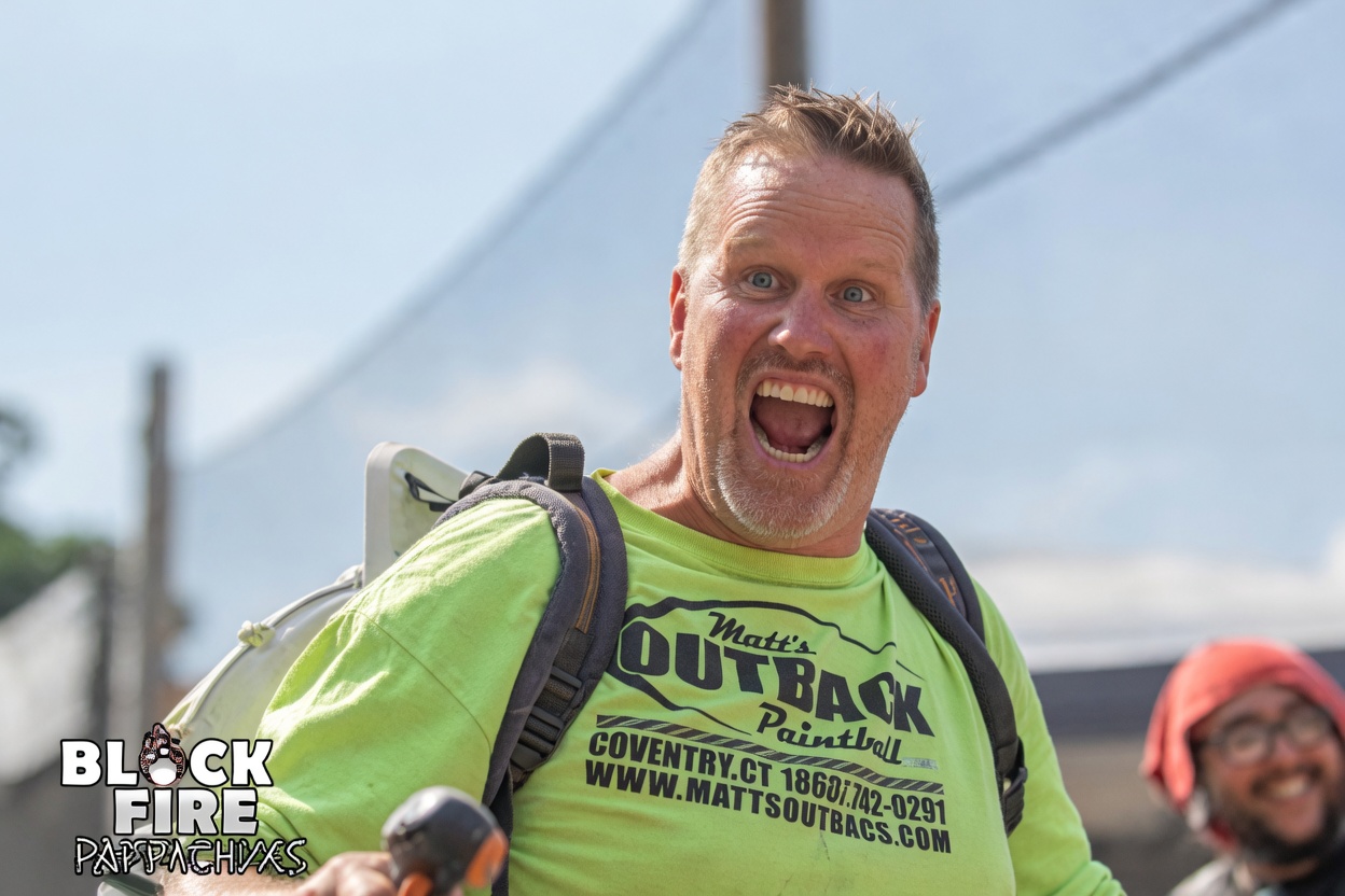 Tom, owner of Matt's Outback Paintball, celebrating on the field in Coventry, CT