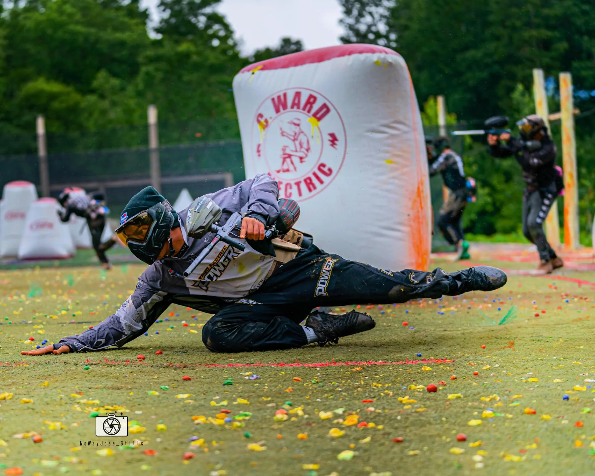 Outdoor paintball players at Matt's Outback Paintball field in Coventry, Connecticut